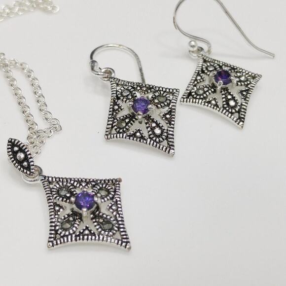 Marcasite Silver Plate Purple Rhinestone Necklace & Earrings, Made in Thailand - Picture 7 of 11